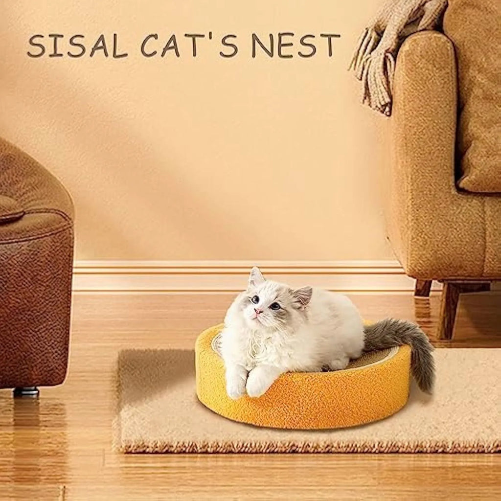 Yellow round sisal cat scratching board with fruity design, serving as both a scratching surface and a cat bed.