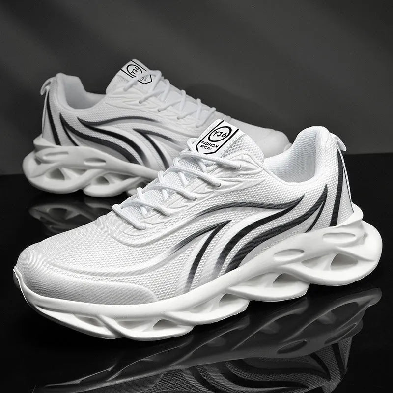 Men's Korean style carved wing pattern net cloth casual running shoes with foam sole, available in black and white colour options