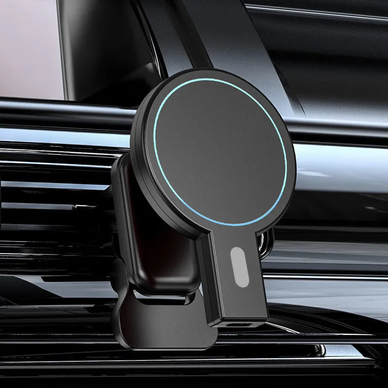 Black and white magnetic wireless charger with USB-C cable on desk