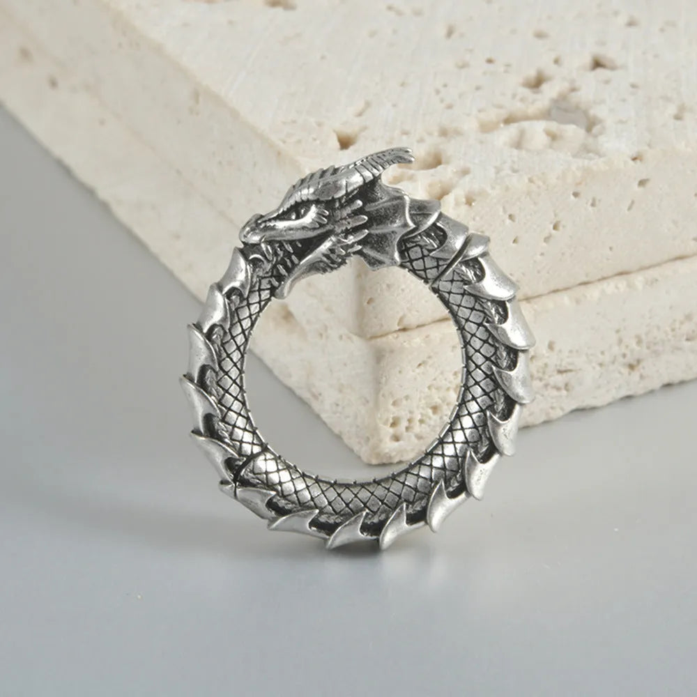 Large antique silver dragon-shaped hollow out copper auricle earrings on a white background.
