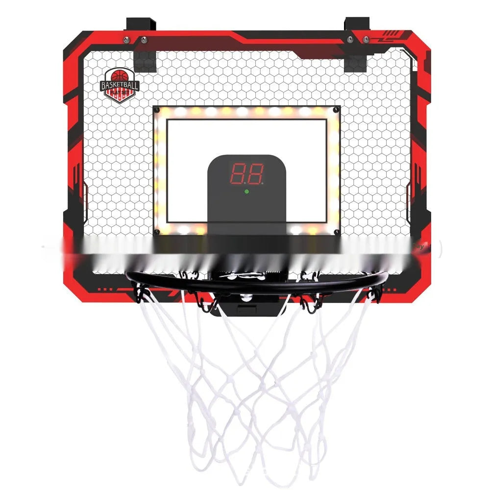 Folding basketball dunk frame with blue parallel panels and suction cup mounts for indoor walls.