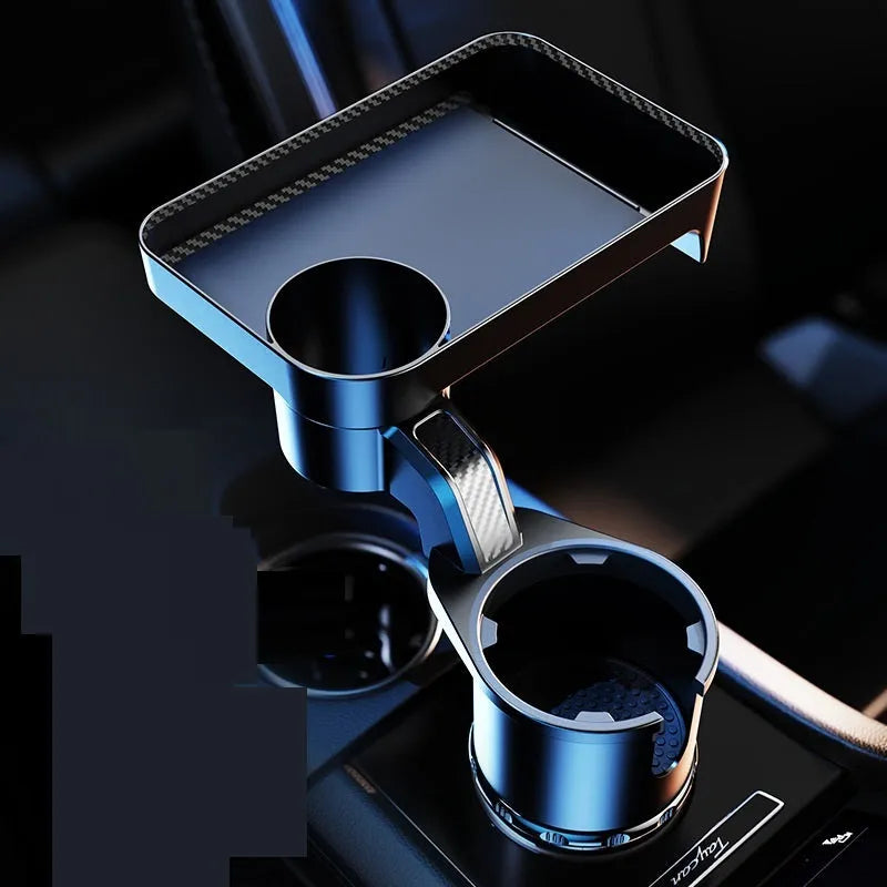 Black ABS plastic car cup holder with a 360-degree rotating base and an attached flat dinner plate.