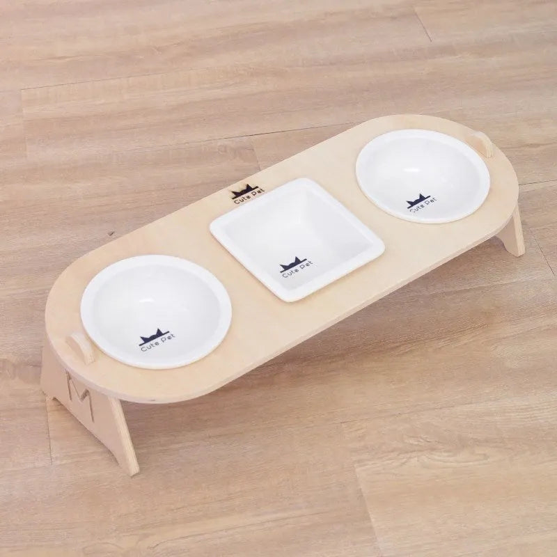 Ceramic pet bowl with dining table stand for cats and small dogs, single or double bowl style