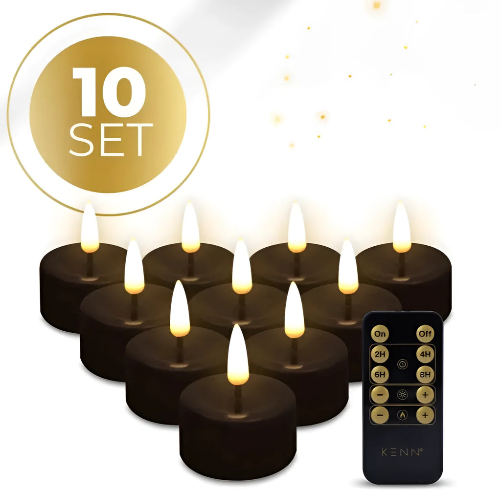 Set of four black S10 LED flameless tealight candles showing size and colour.