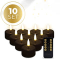 Set of four black S10 LED flameless tealight candles showing size and colour.