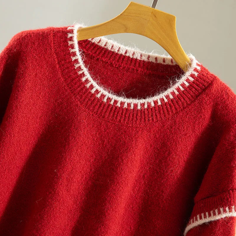 Women's acrylic pullover sweater with ruffle sleeves in red colour, collage patchwork design, one size