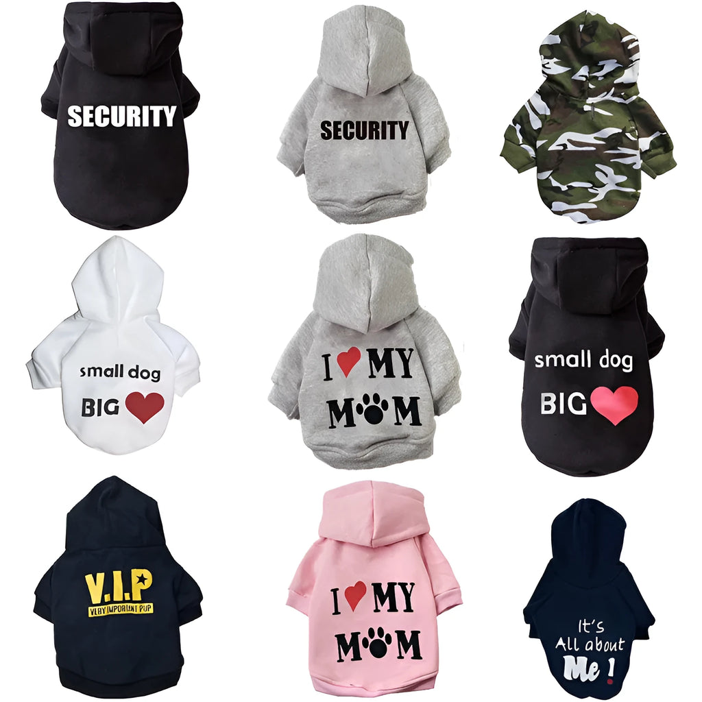 Fleece dog sweater with hood for small puppies, available in black, camouflage, grey, grey A, and pink, sizes XS to L.