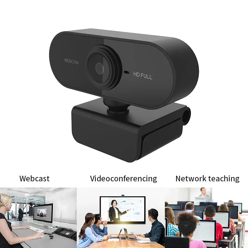 1080P USB webcam with rotatable microphone and HD objective lens in black