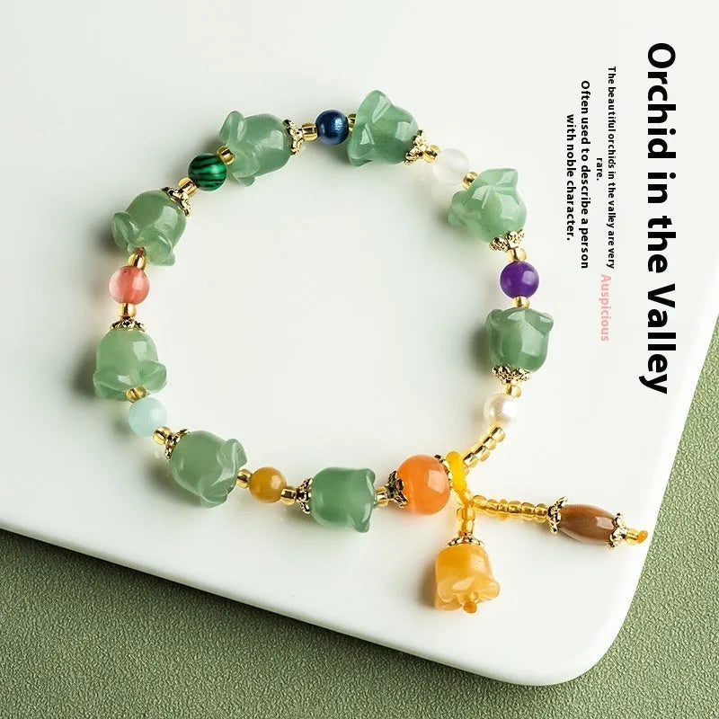 Natural Xinjiang jinsi jade bracelet with hand-carved aventurine orchid beads for women