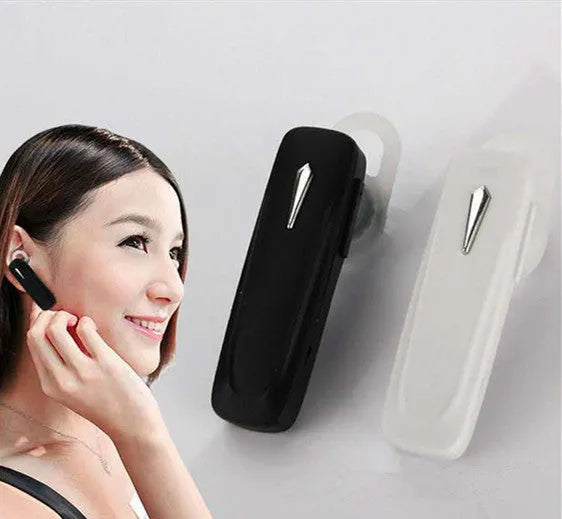 M163 black and white car Bluetooth headset for hands-free calls and music with selfie control.