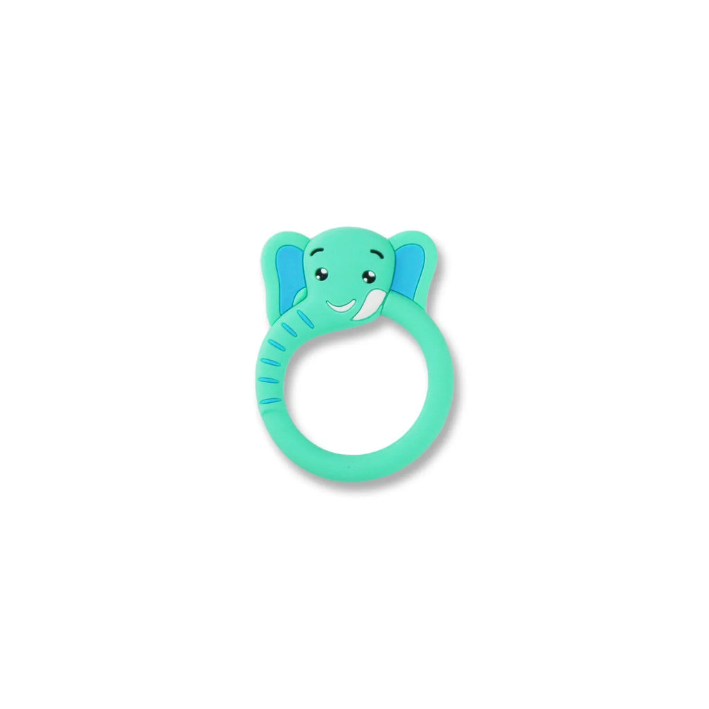 Three silicone baby molar teethers in brown, blue, and yellow on a light background