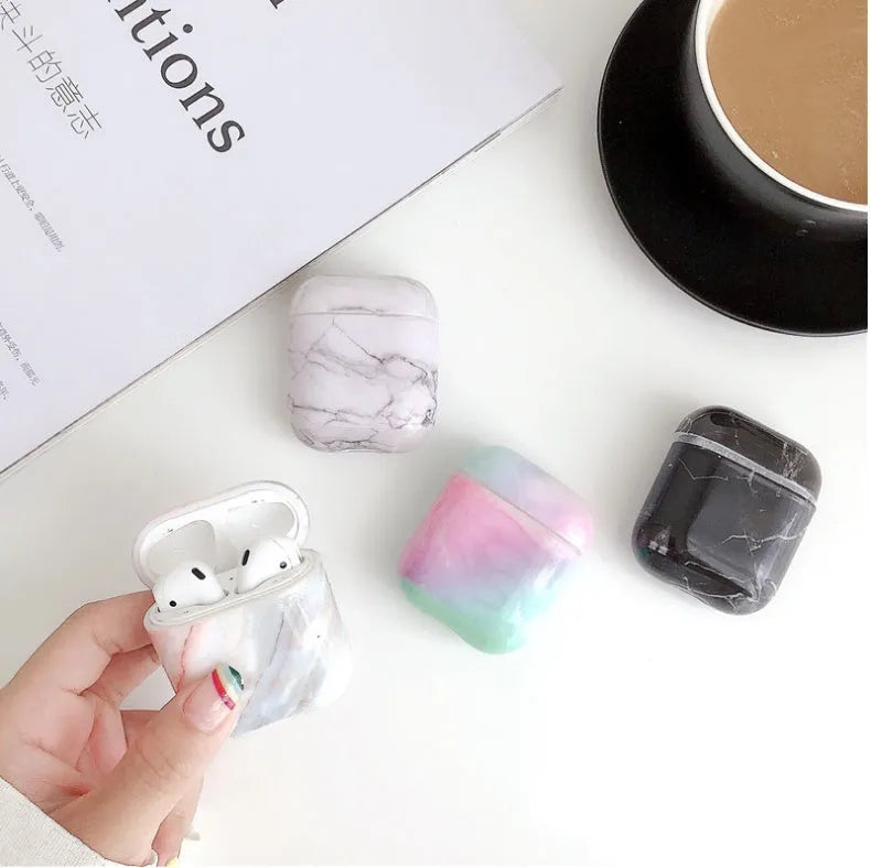 White Marble hard PC protective cover case for Apple AirPods 1 and 2 charging box.