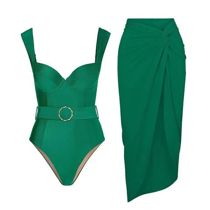 Women's polyester one-piece swimsuit with gauze skirt in double shoulder or oblique shoulder style