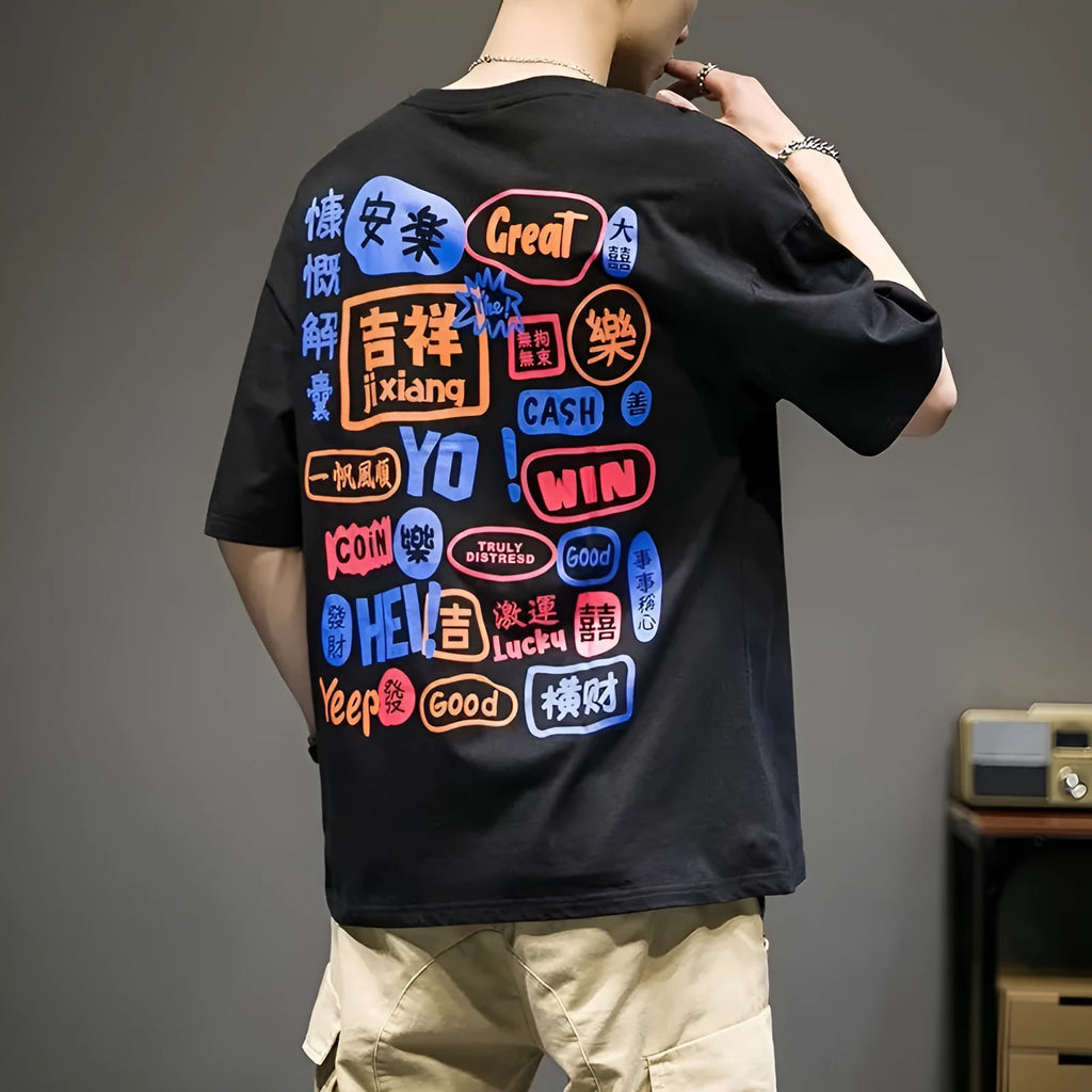 Men's manga graffiti print cotton t-shirt in black, round neck short sleeves regular fit