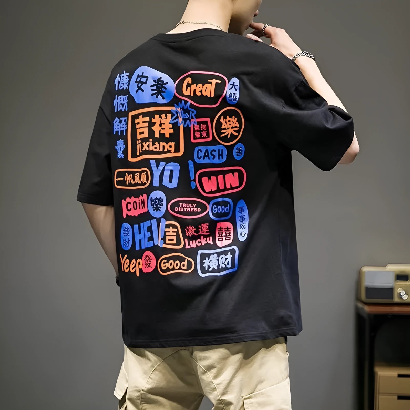 Men's manga graffiti print cotton t-shirt in black, round neck short sleeves regular fit