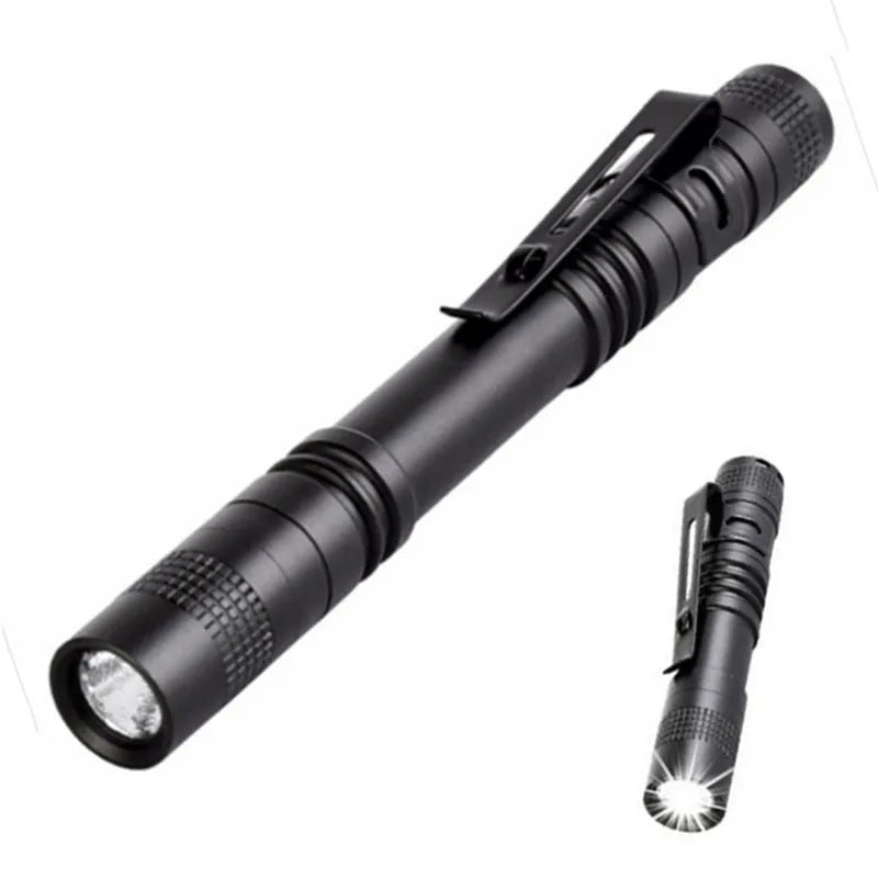 Black compact LED flashlight with an AA battery, beam range 50-100m for daily carry and emergencies.