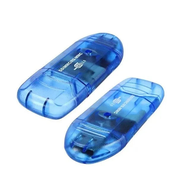 Transparent plastic USB card reader with SD and MS slots on a white background.