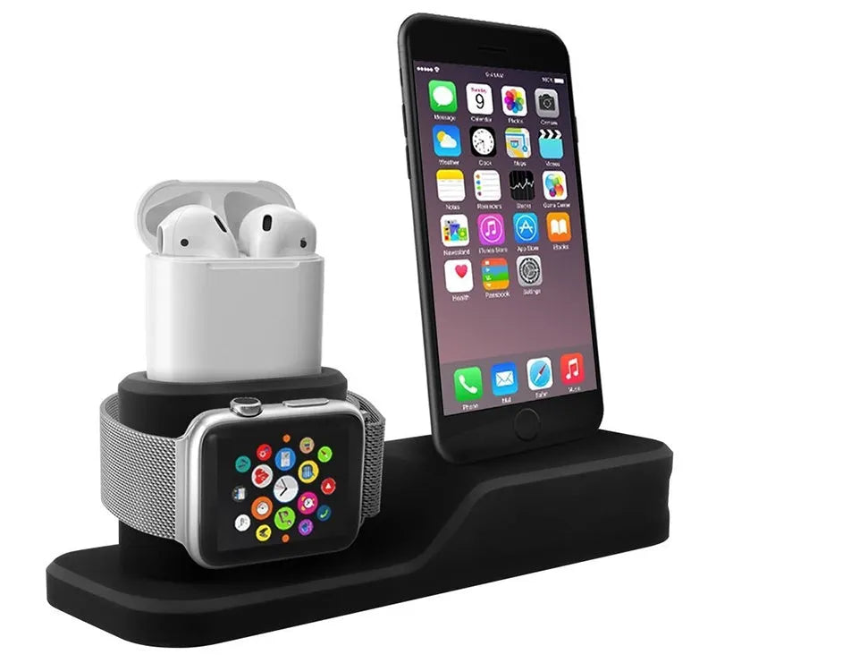 3 in 1 silicone charging stand for mobile phone, watch and headset on desk, compatible with iPhone