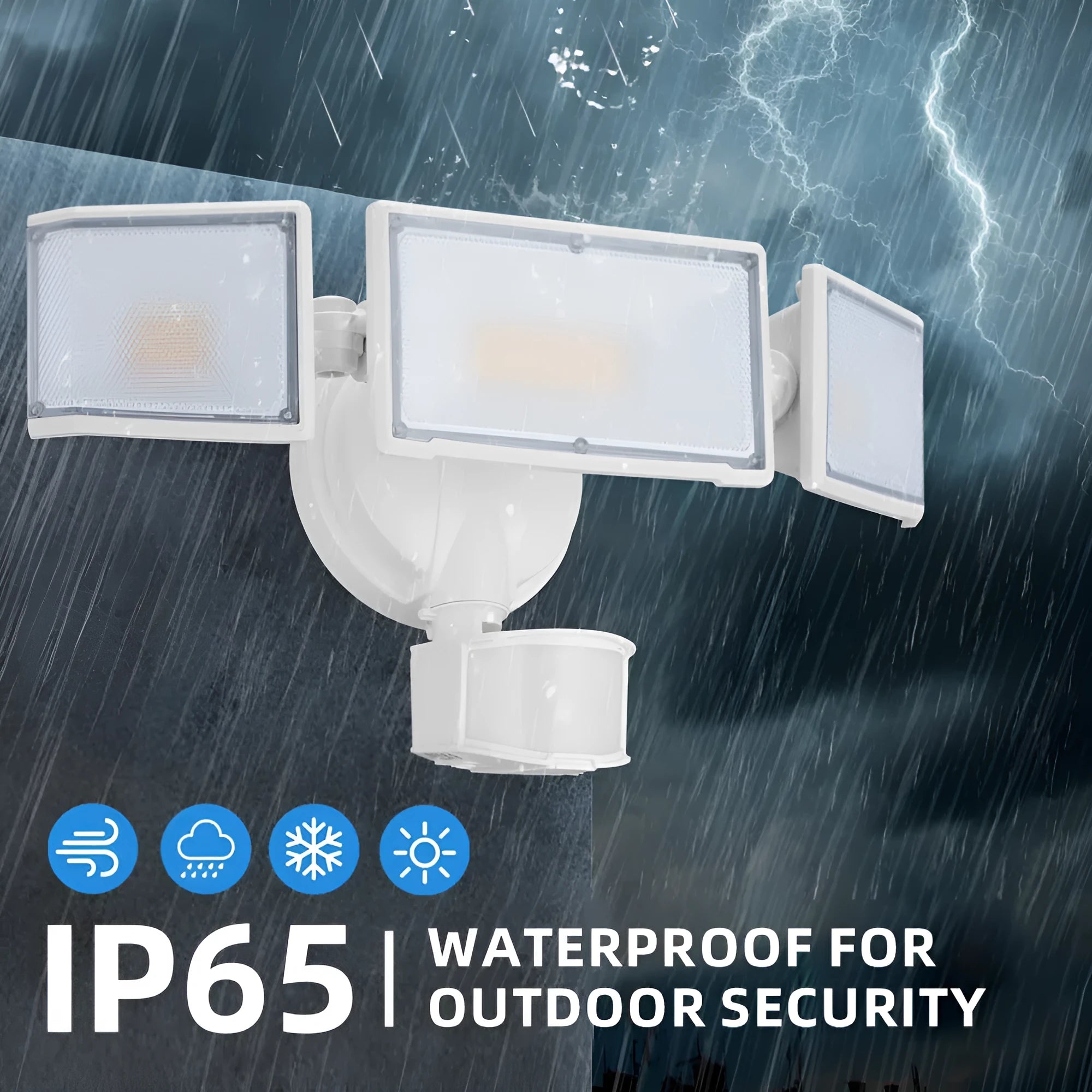 White and black LED security flood light with motion sensor for wall or ceiling mounting.