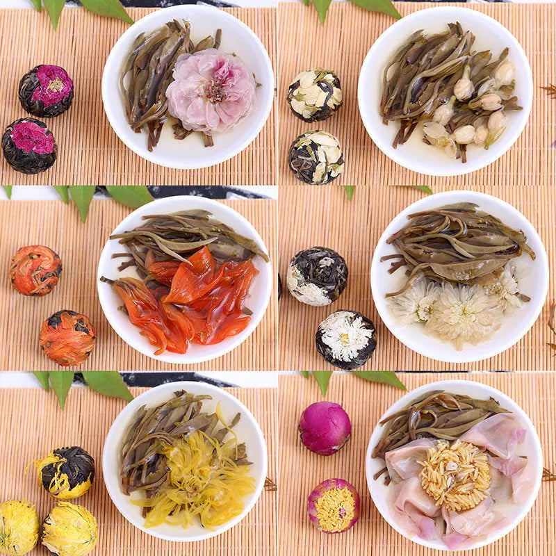 Six flavour flower tea gift box with 18 tablets featuring jasmine, lily, peony, yellow chrysanthemum, rose, and chrysanthemum