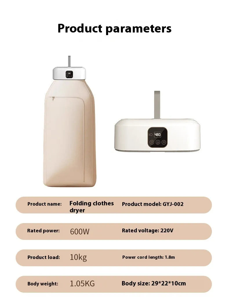 White cylindrical portable clothes dryer with remote control folded for storage
