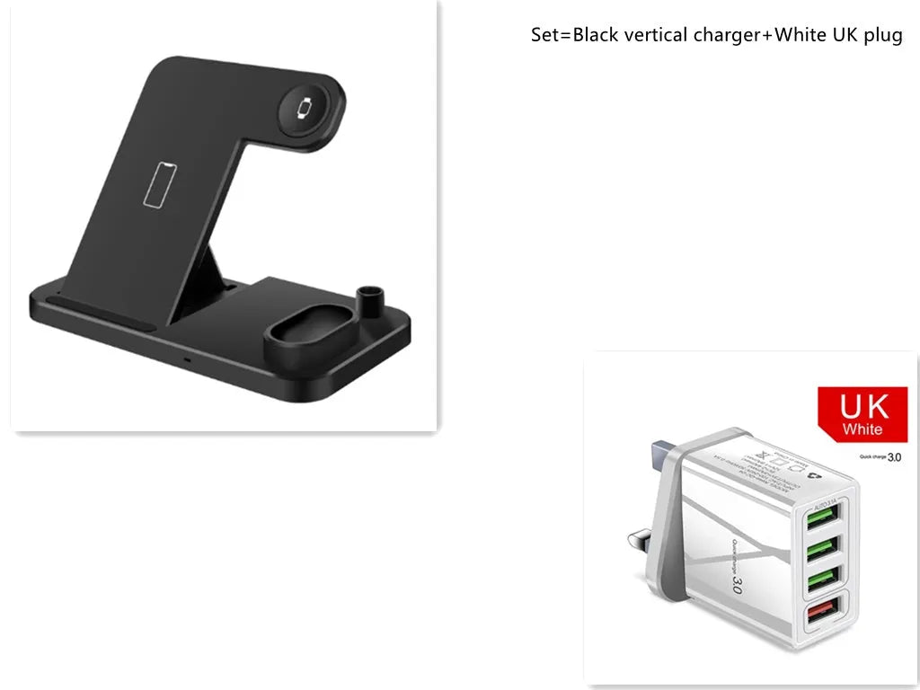 Black 4-in-1 wireless charging station with phone on adjustable magnetic stand, charging Apple Watch, AirPods, and Apple Pencil.