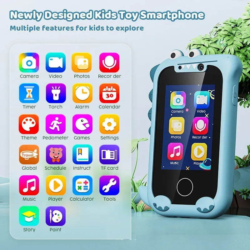Blue and green silicone-case educational handheld camera for children with touchscreen gaming and photography functions