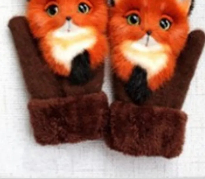 Cartoon animal fleece lined childrens knitted mittens 28cm total length one size