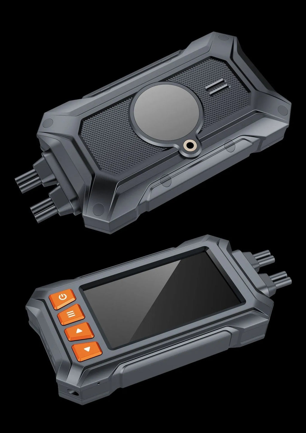 Motorcycle dual lens GPS tachograph dash cam recorder with display, two cameras, and GPS module.