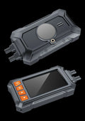 Motorcycle dual lens GPS tachograph dash cam recorder with display, two cameras, and GPS module.