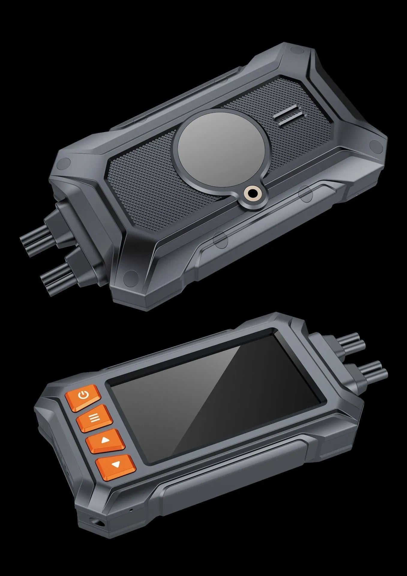 Motorcycle dual lens GPS tachograph dash cam recorder with display, two cameras, and GPS module.