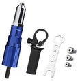 Electric rivet gun set with carbon steel body, blue and black, 160mm length, includes blind rivets and converters
