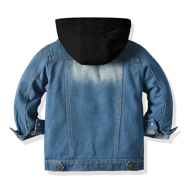 Children's grey hooded denim-style cotton top with lapel collar and single-breasted closure