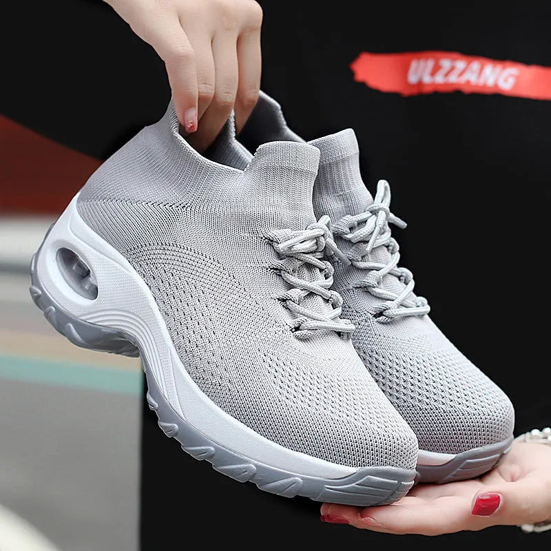 Women's PU sole trainers with 3-5cm middle heel and round toe, shown in one of eight colour options