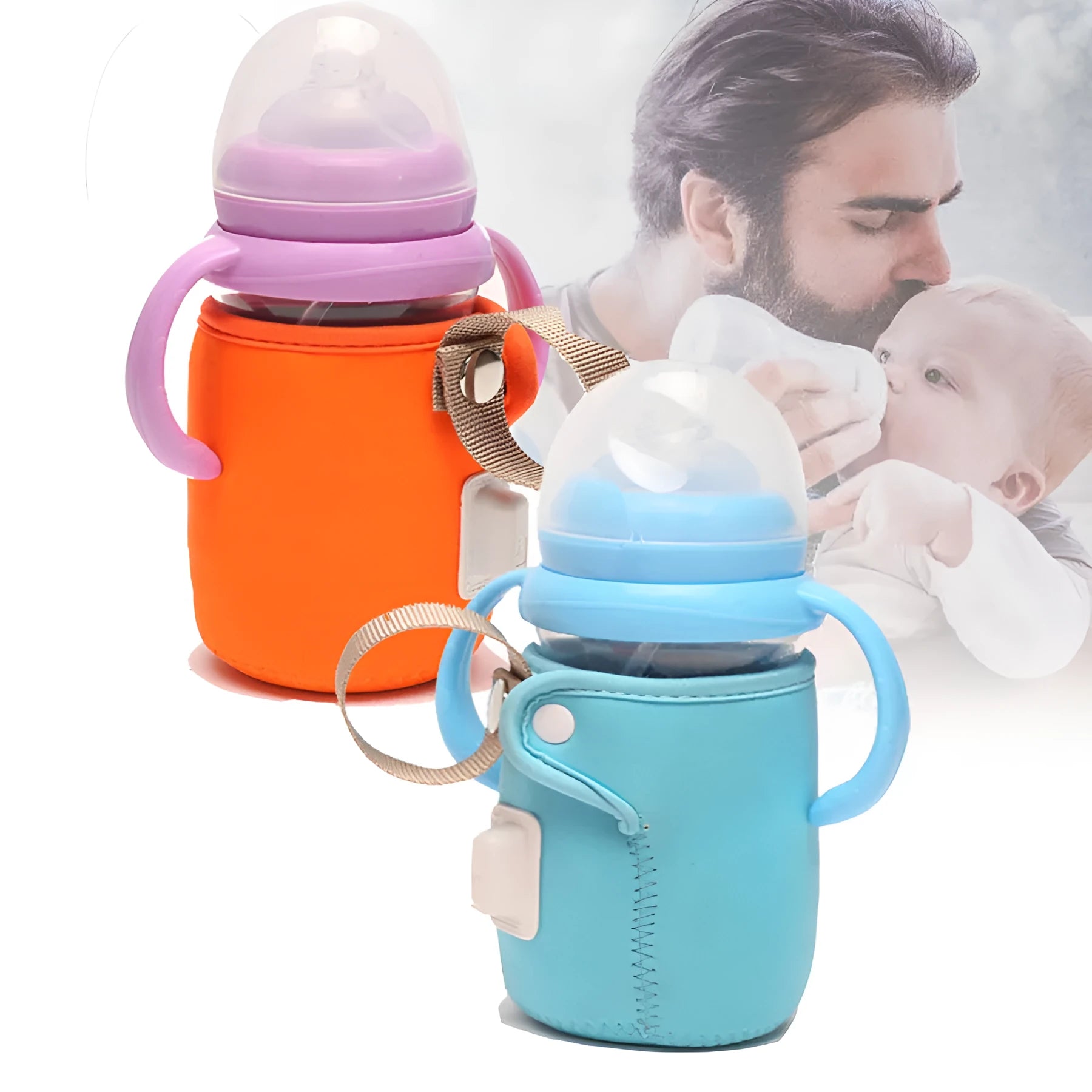 Cotton USB baby bottle warmer in blue colour showing wrap-around design