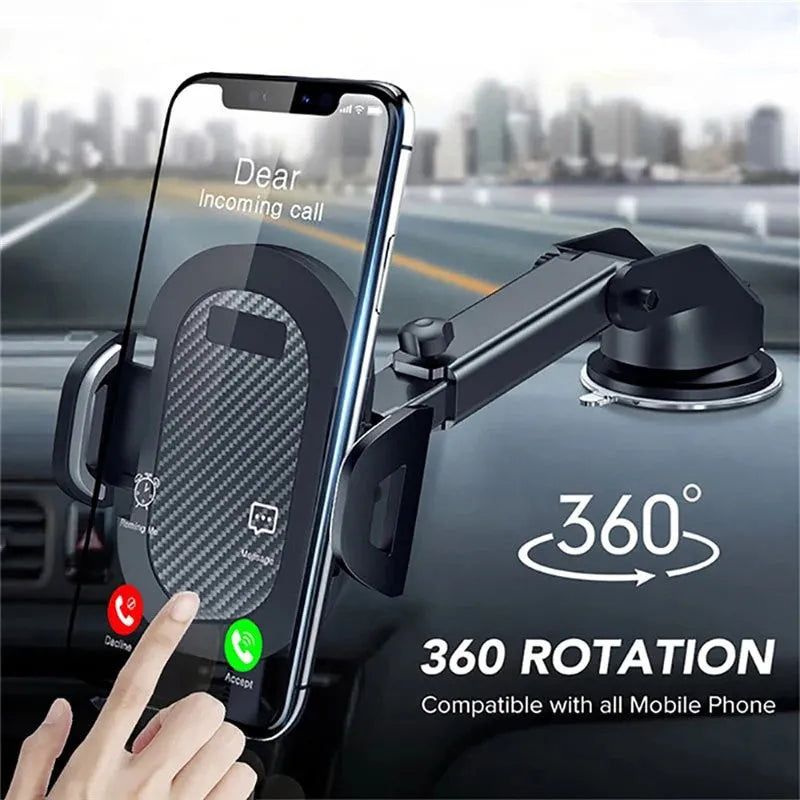 Black car dashboard phone holder with adjustable clip for smartphones 4-7 inches wide