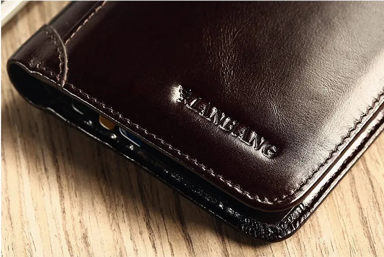Men's black leather wallet open to show internal card slots, coin pocket, and banknote compartment.