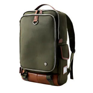 Modern men's large backpack in Oxford cloth, shown in army green colour, with dimensions 30cm by 16cm by 46cm.
