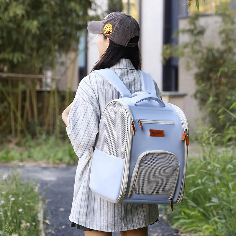 Four Sides Breathable Pet Bag foldable Oxford cloth portable pet carrier in beige with cartoon pattern
