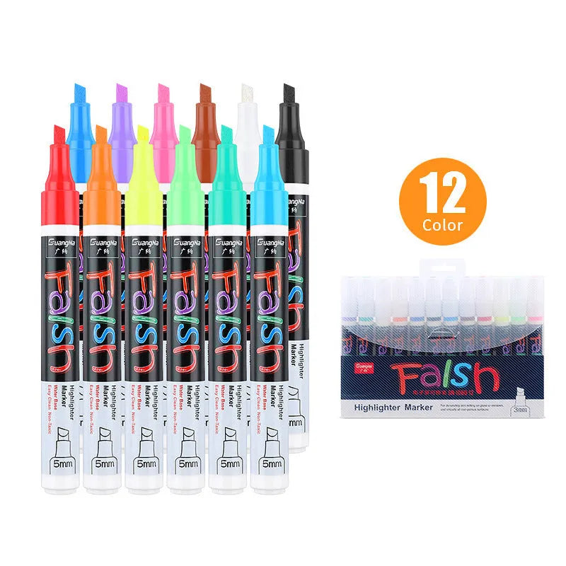 6mm electronic fluorescent board highlighter with oblique pen shape and plastic body, shown in an 8-colour or 12-colour set.