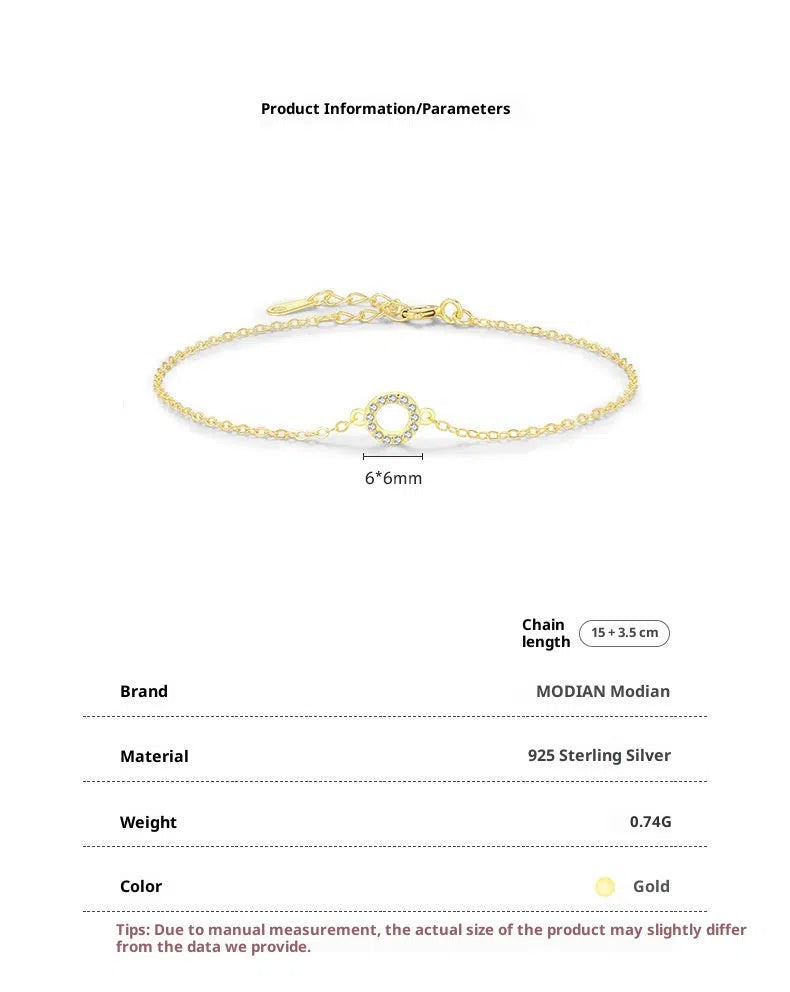 S925 sterling silver women's mini circle bracelet in gold colour with geometric round shape and micro-setting detail