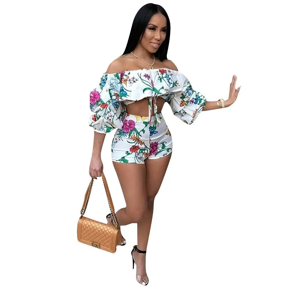 Multicolour digital print two-piece set with a pile sleeve top and matching shorts