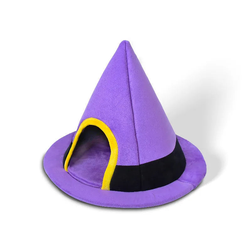 Purple cloth Halloween witch hat shaped cat bed for small cats.