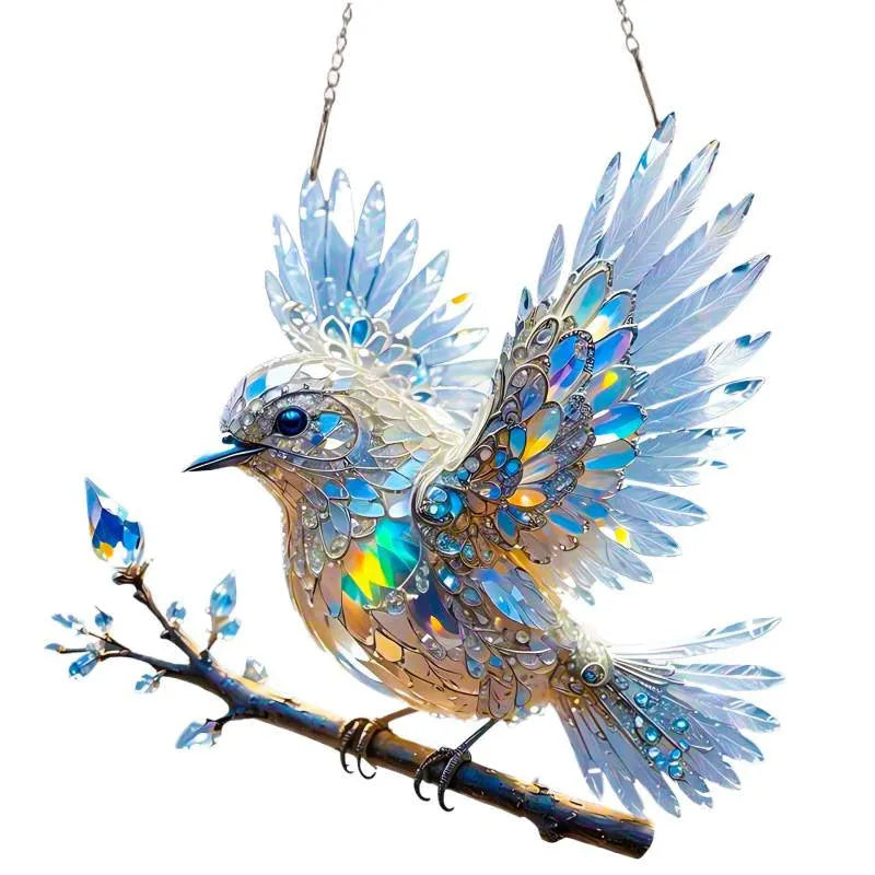 Cartoon style bird pendant ornament printed on acrylic square with colourful holiday design