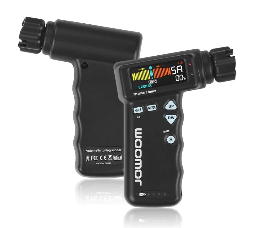 Black and white smart guitar tuner and string winder with colourful LCD display