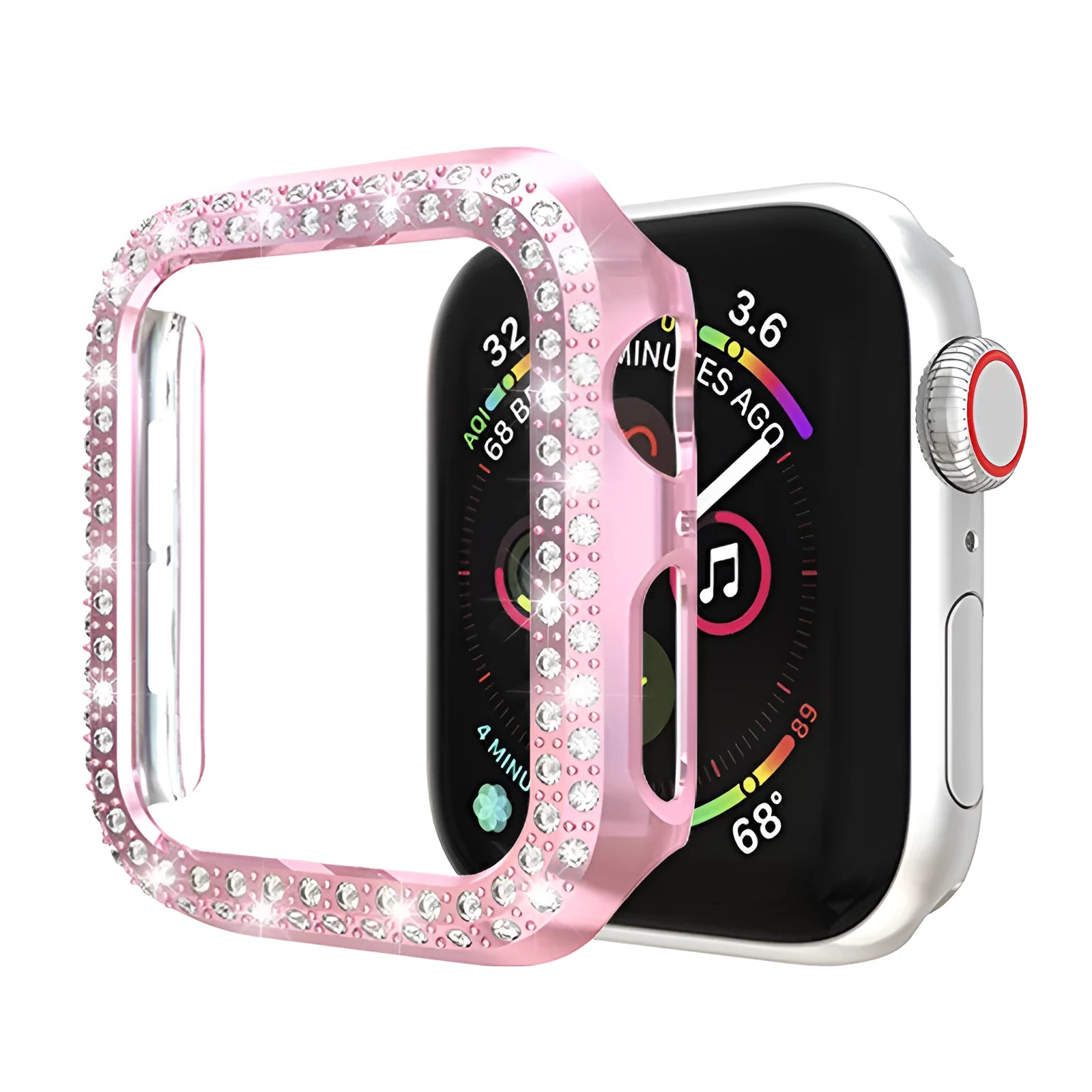 Transparent polycarbonate protective case for an Apple Watch, shown next to colour swatches.