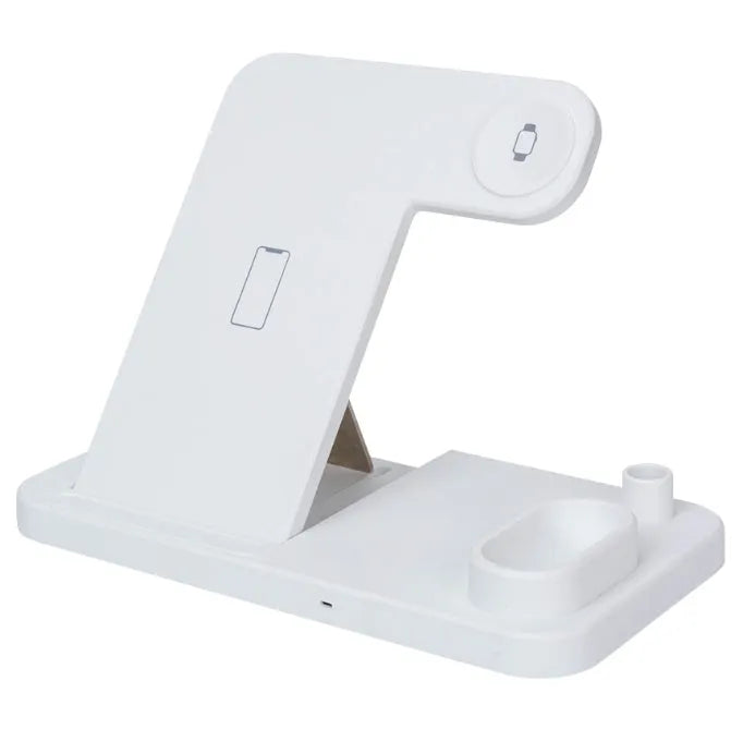 Black 4-in-1 wireless charging station with phone on adjustable magnetic stand, charging Apple Watch, AirPods, and Apple Pencil.