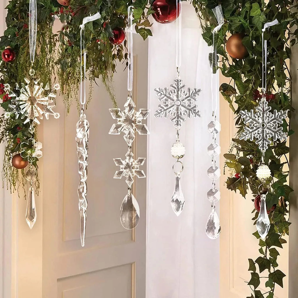10 clear acrylic icicle and snowflake Christmas tree ornaments with white ribbons