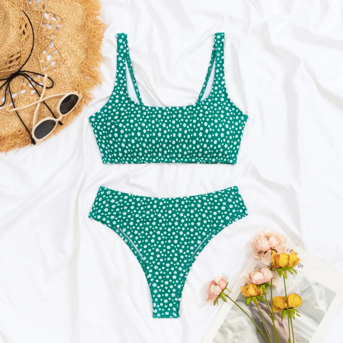 Women's printed floral U-neck halter bikini set in quick-drying polyester with high-waist pants, available in three colours