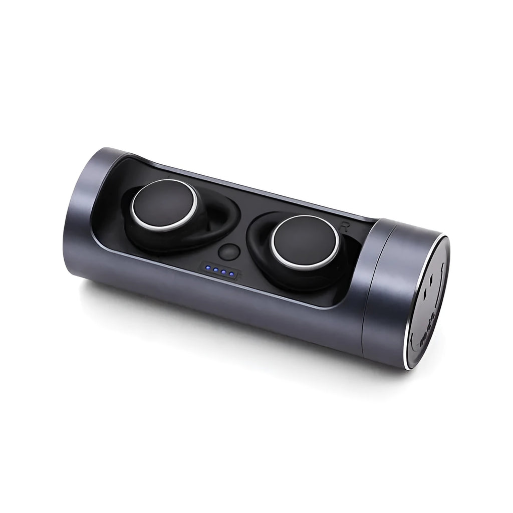 Bluetooth 5.0 wireless headset in dark grey, red, or silver colour options.